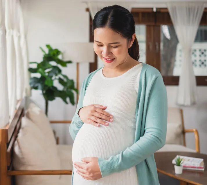 A smiling pregnant woman cradling her baby bump at home.