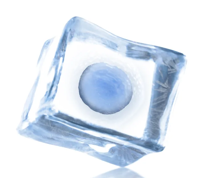 An illustrated egg cell frozen inside a block of ice, representing egg freezing.